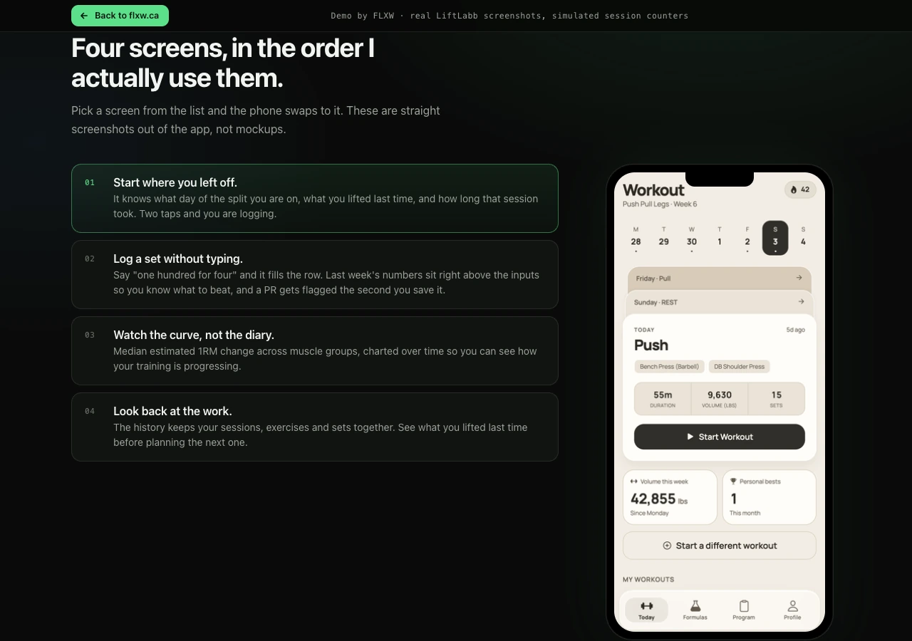 A walkthrough of LiftLabb, a lifting app, showing a live workout timer with sets, volume and heart rate